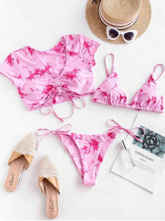 Tie-Dyed Short Sleeve & Triangle Three-Piece Split Bikini Swimsuit