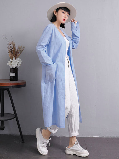 Simple Ramie Cotton Solid Color Long Sleeves Long Outerwear