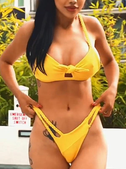 Knotted Bandage Hollow Split Bikini Swimsuit