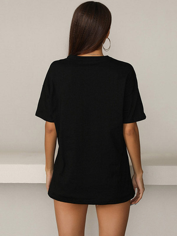 Stylish Black Letter Print Round-Neck Short Sleeves T-Shirts