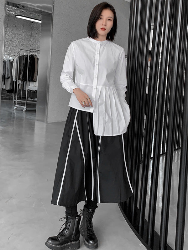 Stylish Irregular Solid Color Split-Joint Pleated Buttoned Stand Collar Long Sleeves Blouse