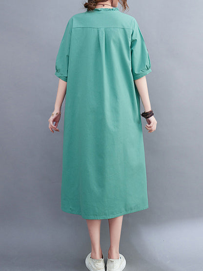 Simple Casual Artistic Retro Loose Solid Color Falbala Ramie Cotton Midi Dress