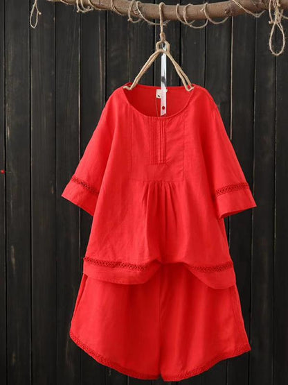 Ruffled Hollow Shirt + Solid Wide Leg Shorts Suit