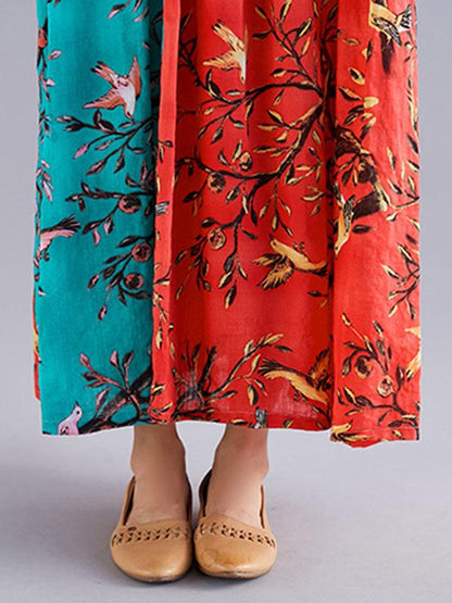 Plus Size Flower Print Split-joint Round-neck Long Dress