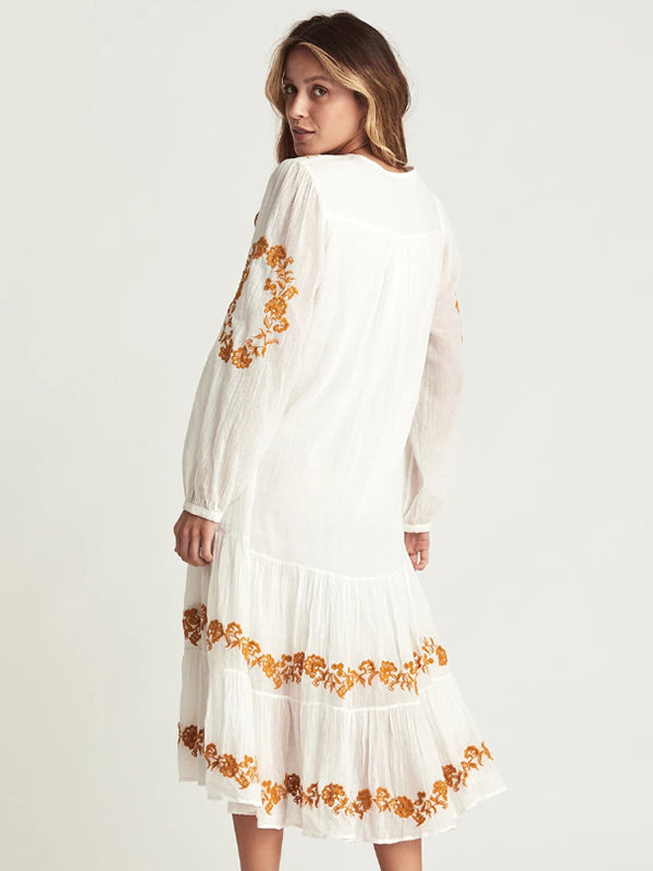 Vintage Loose Embroidered Split-Joint Long Sleeves V-Neck Midi Dress