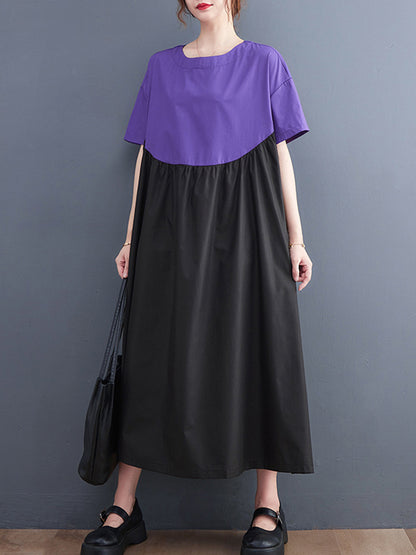 Original Loose Contrast Color Pleated Midi Dress