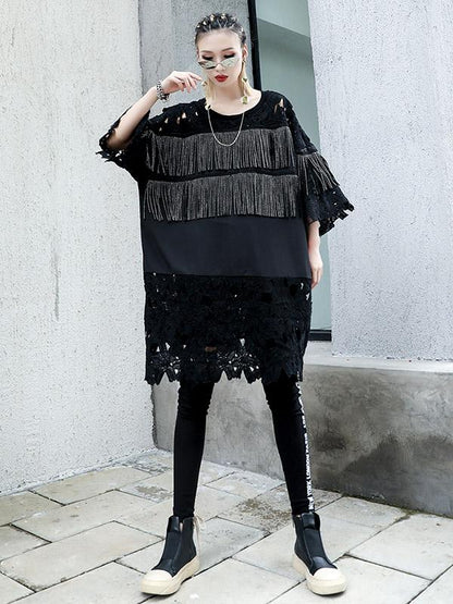 Lace&Tassel Split-joint Long T-shirt