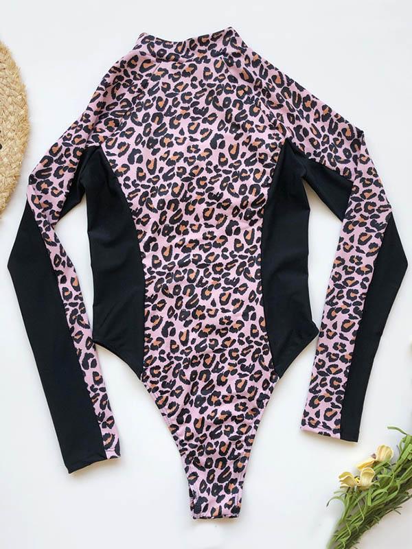 Leopard-Print Zipper Long Sleeves Wetsuit