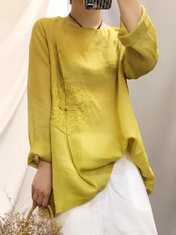 Vintage Ramie Cotton Embroidered Round-Neck T-Shirt Tops