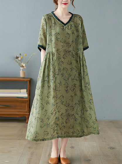 Artistic Retro Contrast Color Floral Printed Midi Dress
