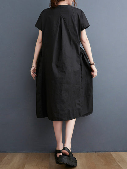 Casual Solid Color Round-Neck With Pocket Midi Dress