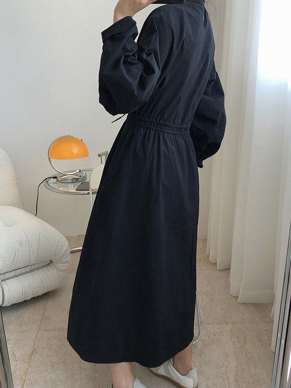 Simple Solid Color Round-Neck Pleated Long Sleeves Midi Dress