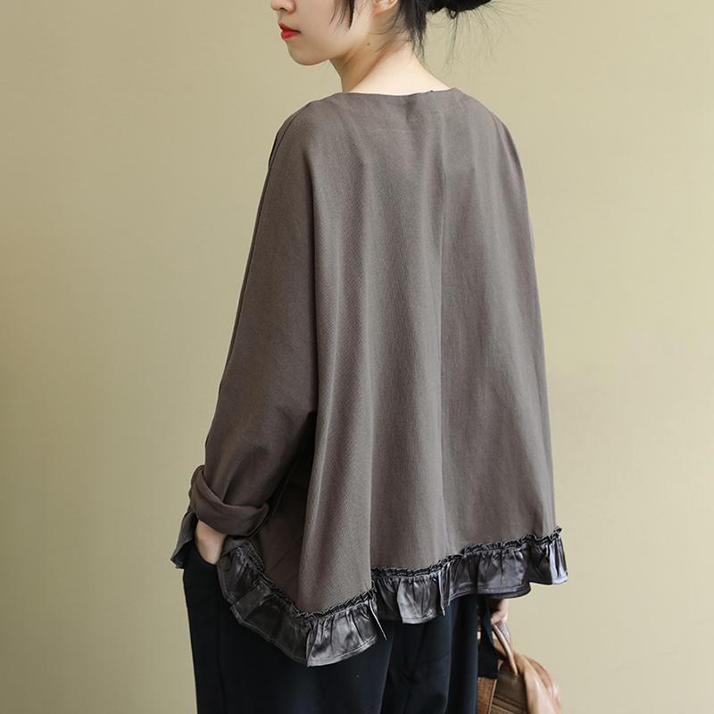 Buykud Ruffled Hem Applique Stripe Casual Loose Blouse