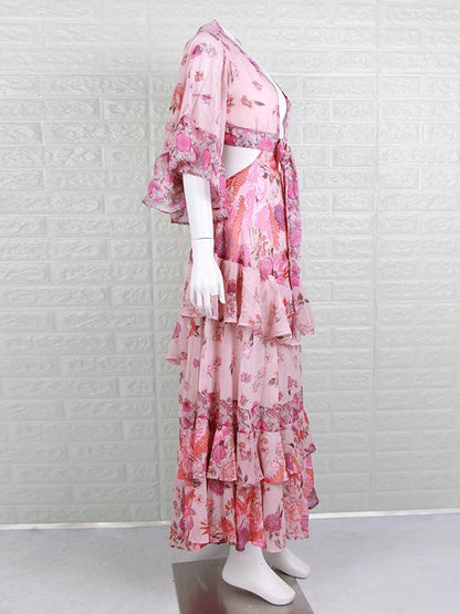 Sexy V-neck Mandarin Sleeve Floral Printed Maxi Dress