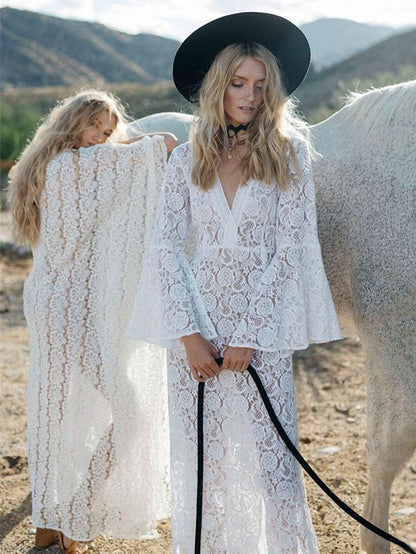 Lace Flared Sleeve Split-side Maxi Cover-up
