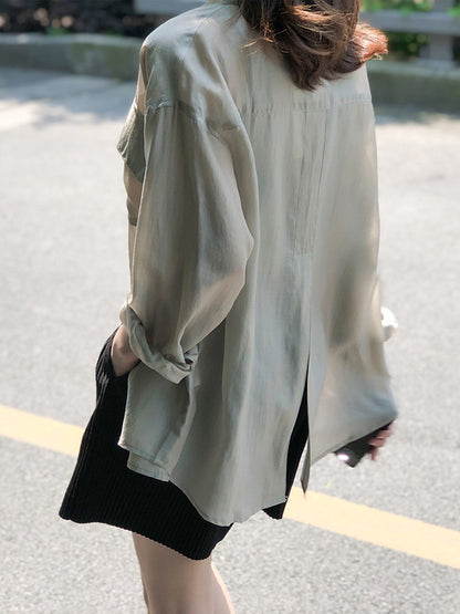 Casual Loose Solid Color Lapel Collar Long Sleeves Shirts