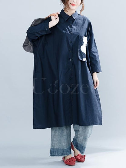 Navy-blue Loose Lapel Cat Print Blouse Dress
