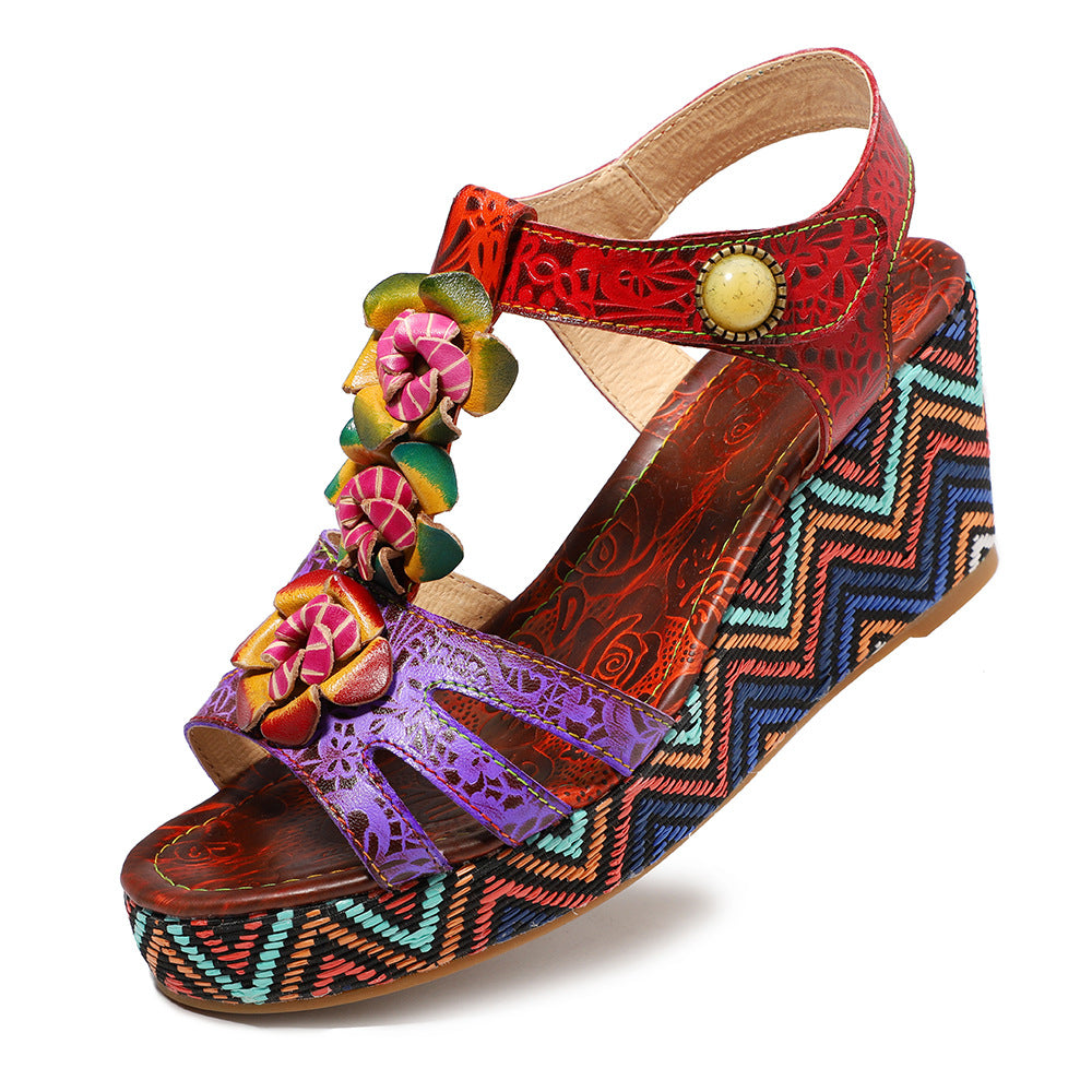 Hand-made rose flower thick-bottomed open-toed slope sandals