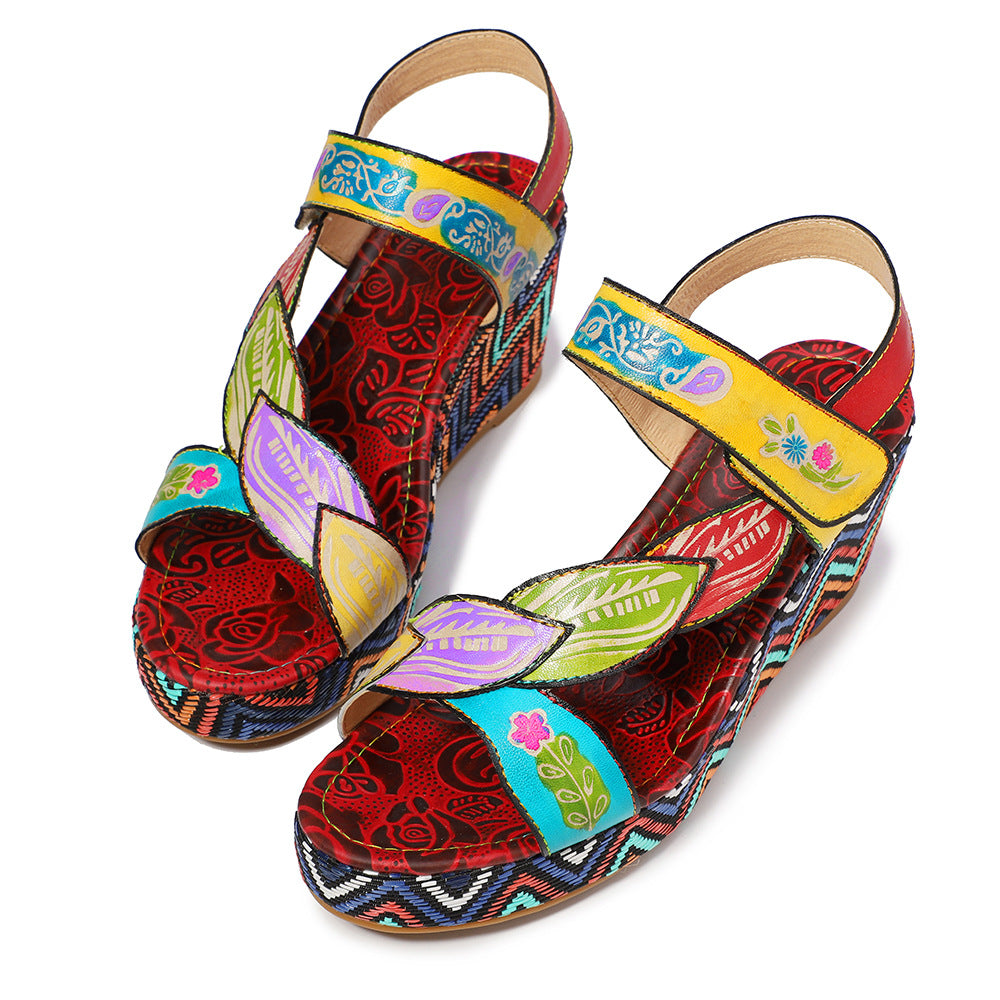 Leather Sandals with Leaves and Flowers