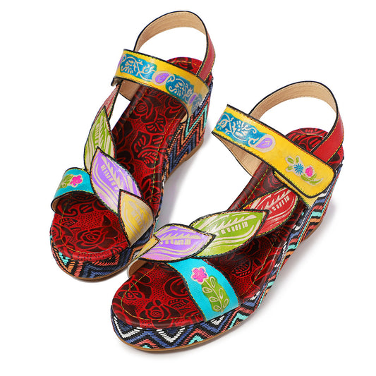 Leather Sandals with Leaves and Flowers