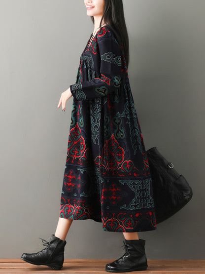 VINTAGE FLORAL RAMIE COTTON V-NECK MAXI DRESS