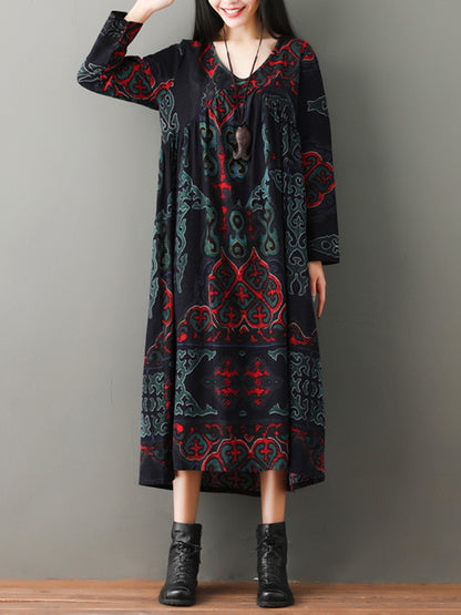 VINTAGE FLORAL RAMIE COTTON V-NECK MAXI DRESS