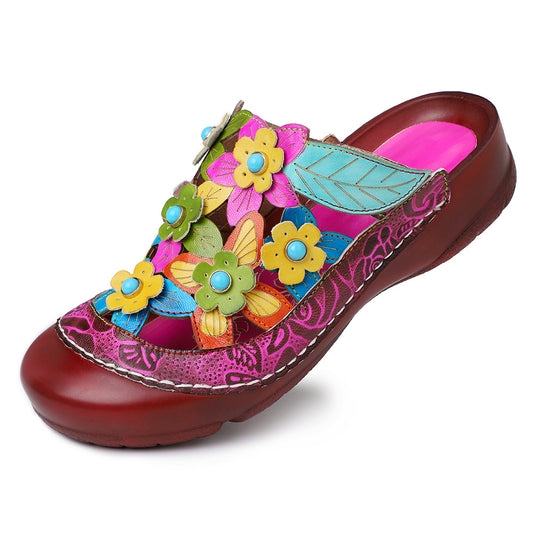Leather Handmade Flower Patterns Retro Flat-soled Sandals
