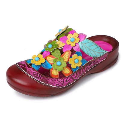 Leather Handmade Flower Patterns Retro Flat-soled Sandals