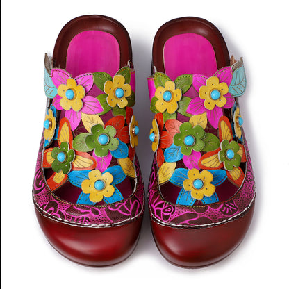 Leather Handmade Flower Patterns Retro Flat-soled Sandals