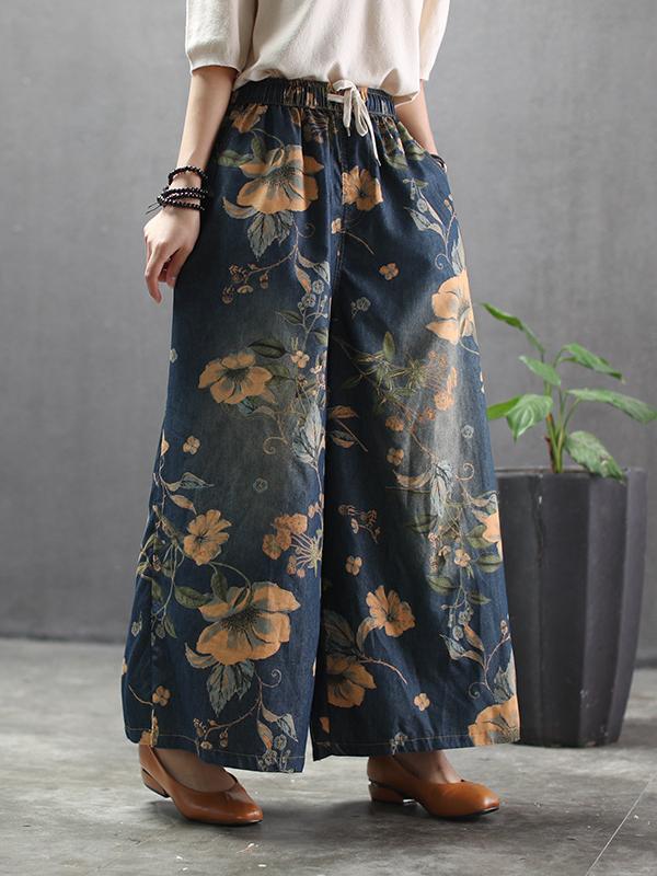 FLOWER PRINT HIGH-WAIST WIDE-LEG JEAN PANTS