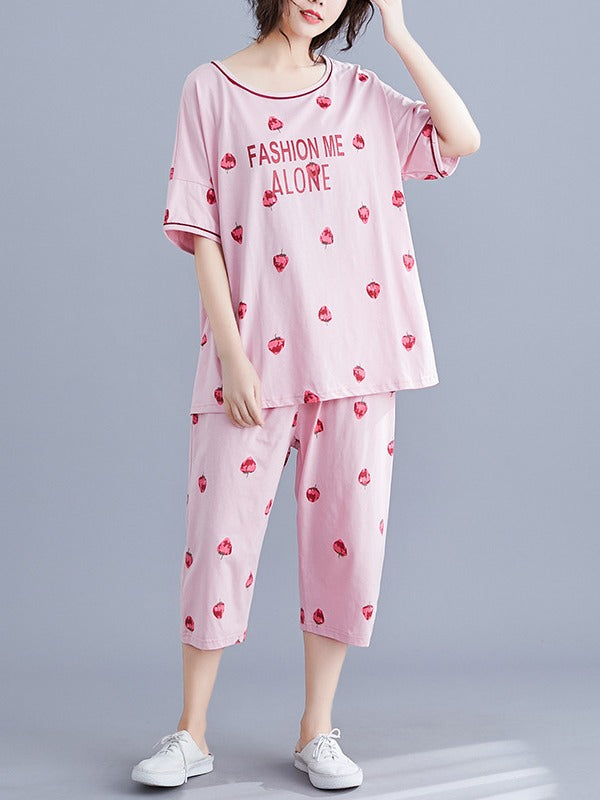 LOOSE SHORT SLEEVE PRINTED LOUNGEWEAR&PAJAMAS SET