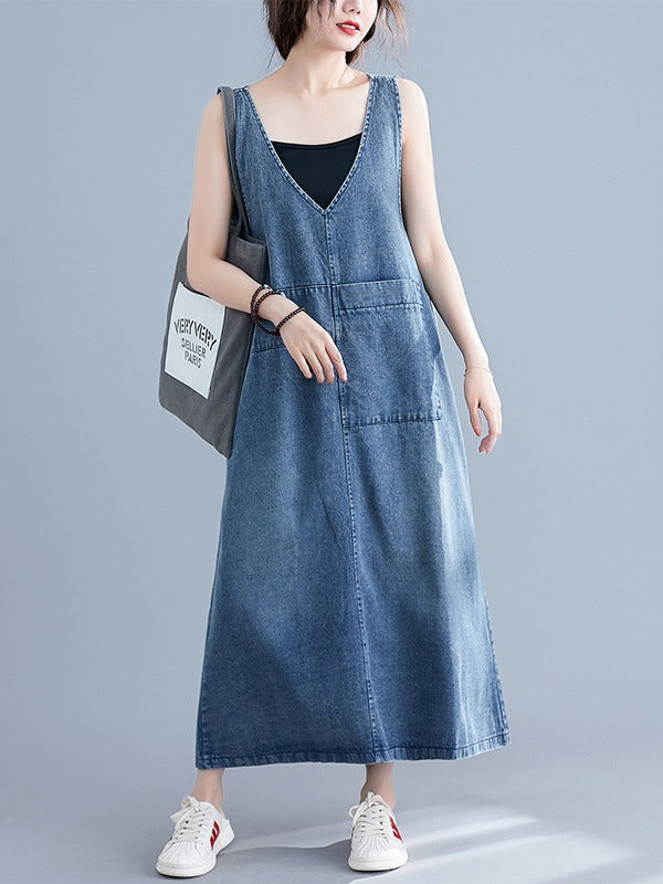 LOOSE SLEEVELESS DENIM V-NECK MIDI DRESS
