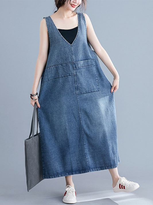 LOOSE SLEEVELESS DENIM V-NECK MIDI DRESS