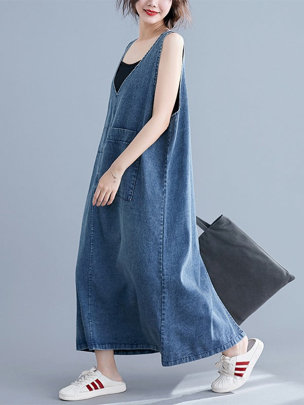 LOOSE SLEEVELESS DENIM V-NECK MIDI DRESS
