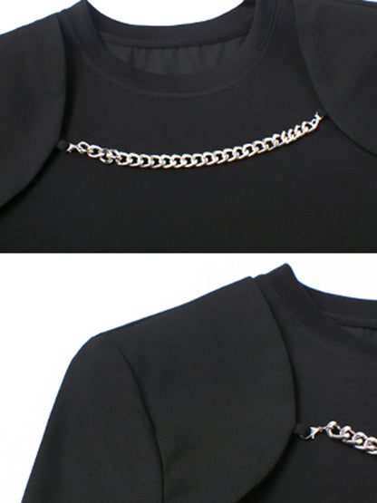 Cool Solid Color Split-Joint With Chain Round-Neck Long Sleeves T-Shirt