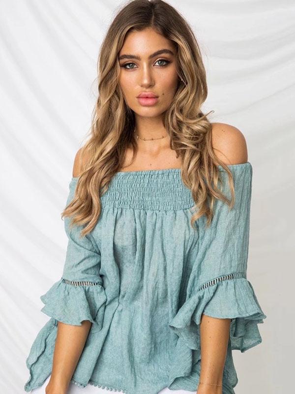 Solid Color Off-the-shoulder Backless Falbala Blouses&shirts Tops