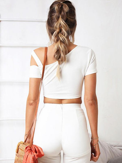 Slanted Collar Off-shoulder Short Sleeve T-shirt