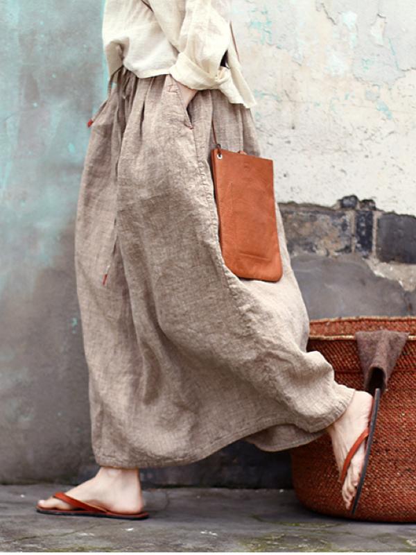 VINTAGE SOLID LINEN DRAWSTRING SKIRT
