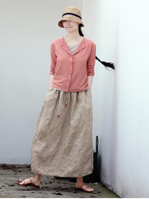 VINTAGE SOLID LINEN DRAWSTRING SKIRT