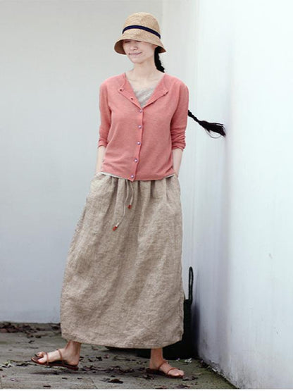 VINTAGE SOLID LINEN DRAWSTRING SKIRT