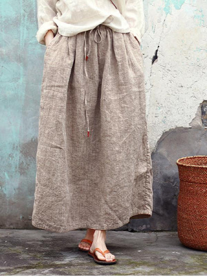VINTAGE SOLID LINEN DRAWSTRING SKIRT