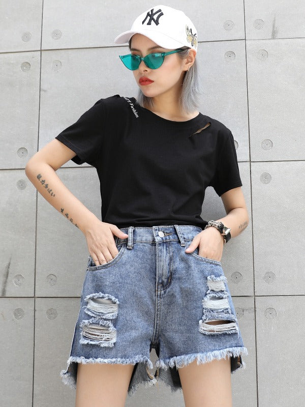 HIGH-WAIST HOLLOW HIGH-LOW DENIM SHORTS