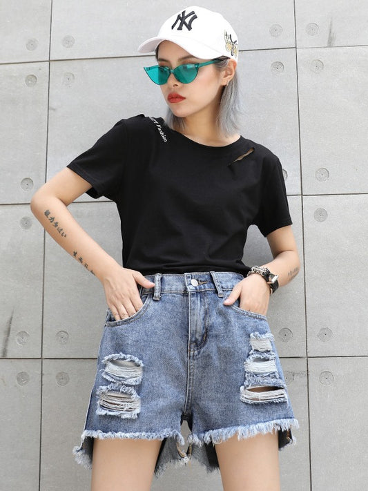 HIGH-WAIST HOLLOW HIGH-LOW DENIM SHORTS