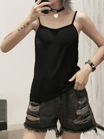 HIGH-WAIST HOLLOW HIGH-LOW DENIM SHORTS