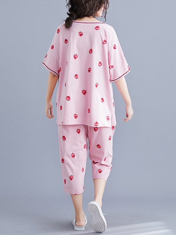 LOOSE SHORT SLEEVE PRINTED LOUNGEWEAR&PAJAMAS SET