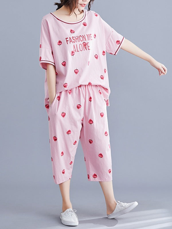 LOOSE SHORT SLEEVE PRINTED LOUNGEWEAR&PAJAMAS SET