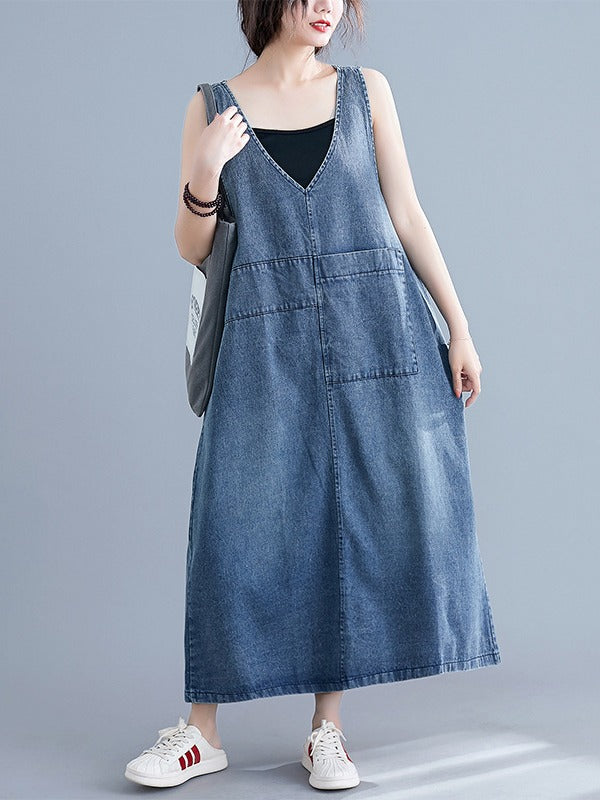 LOOSE SLEEVELESS DENIM V-NECK MIDI DRESS