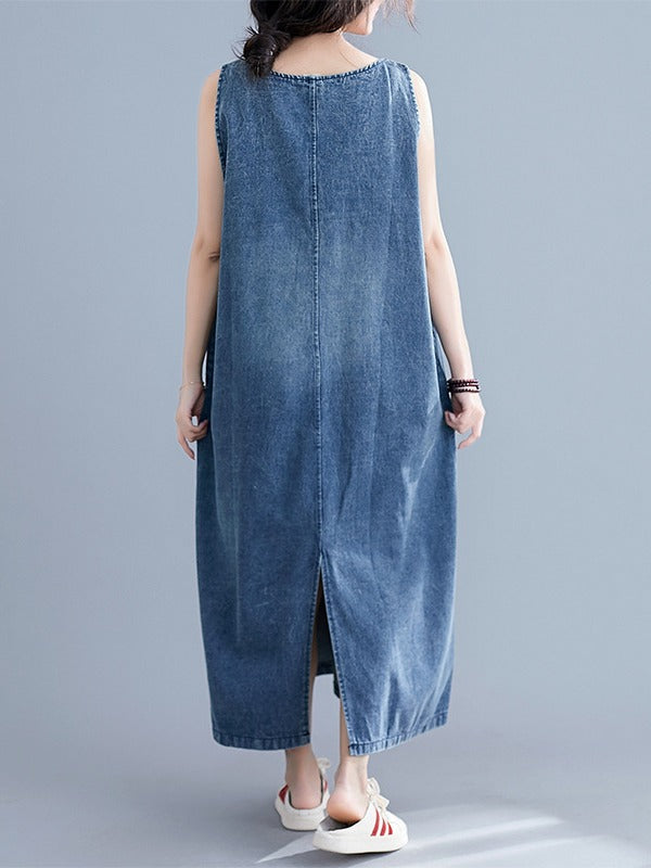 LOOSE SLEEVELESS DENIM V-NECK MIDI DRESS