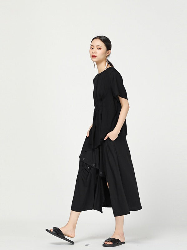 Stylish Black Cropped Button Splicing Skirt