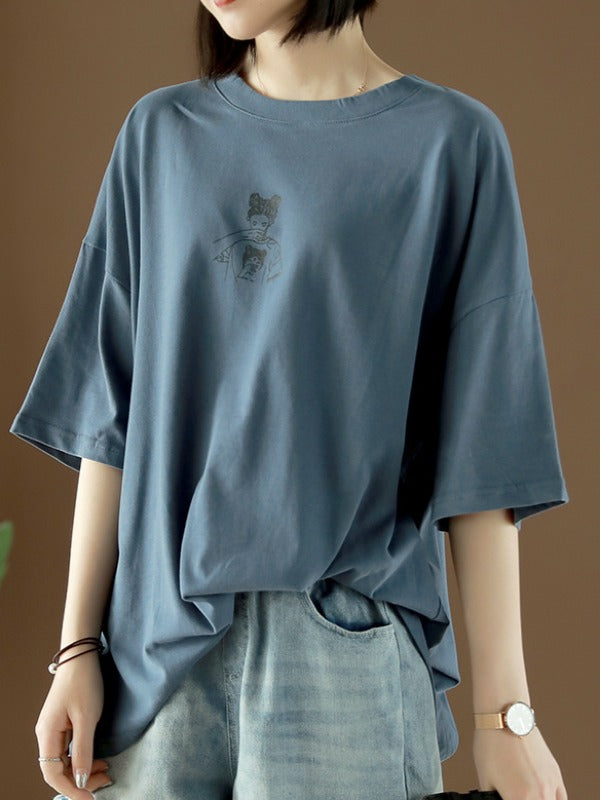 Loose Casual Printed Long Sleeve Round Neck T-Shirt